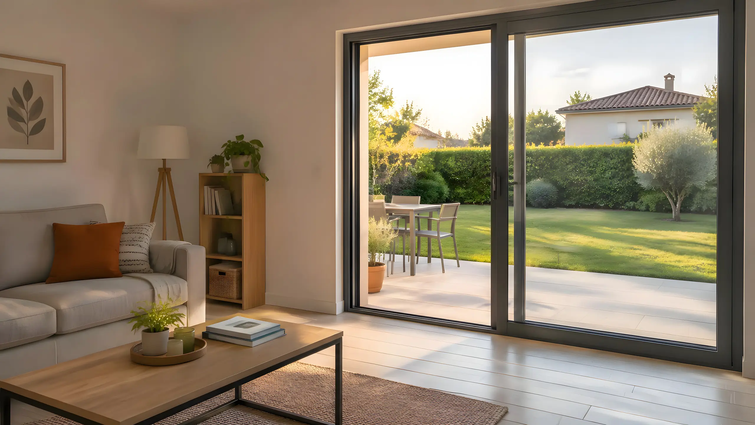 Séjour avec une grande baie coulissante aluminium anthracite ouverte sur une terrasse et un jardin