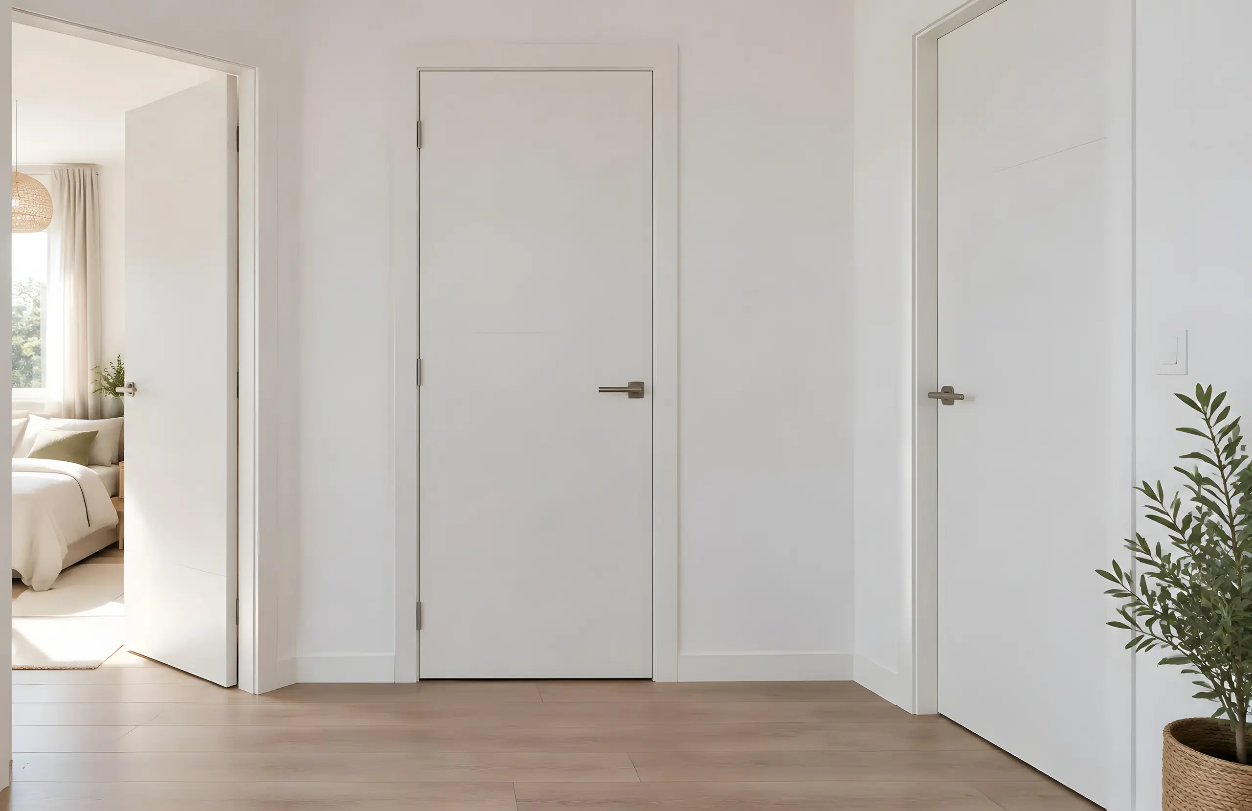 Couloir clair bordé de portes intérieures blanches neuves