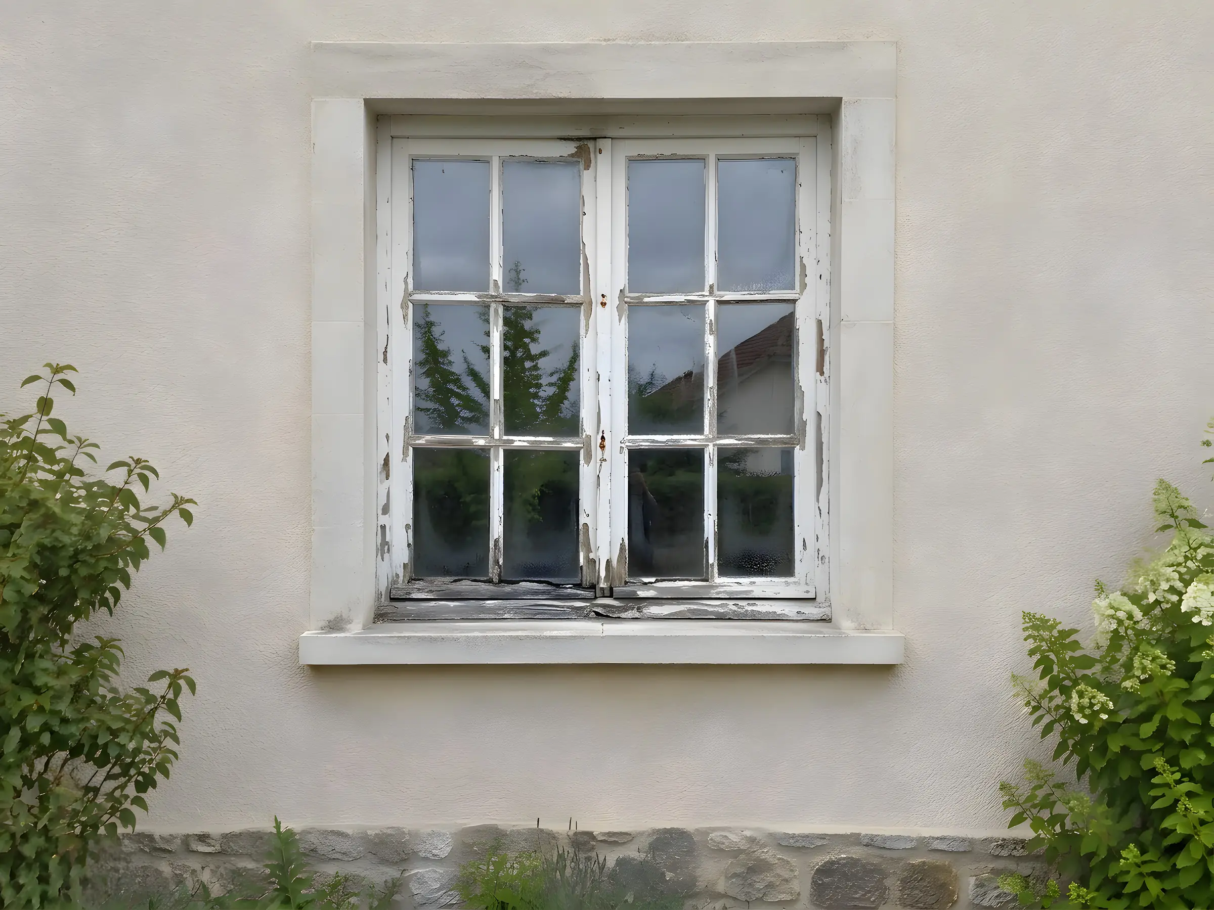 Façade enduite beige avec une vieille fenêtre en bois à petits carreaux abîmée