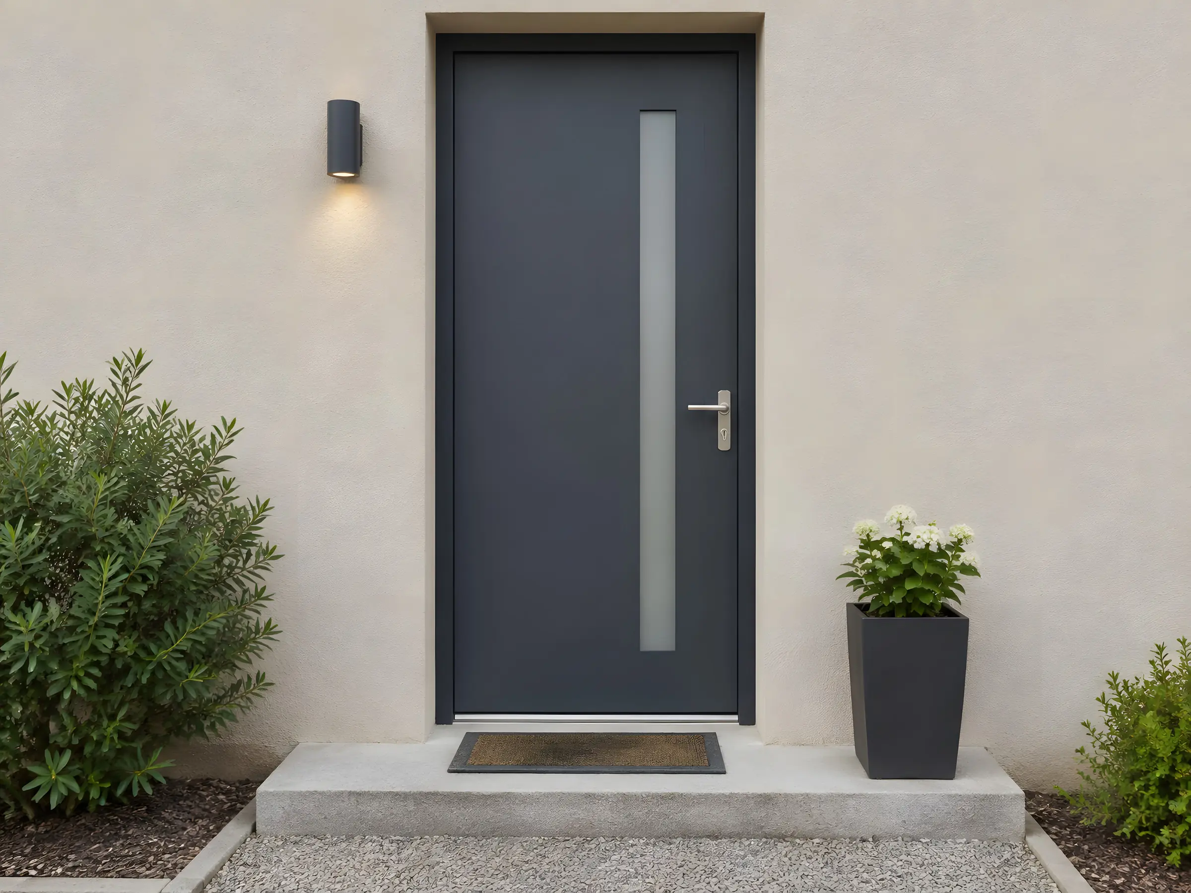 La même entrée avec une porte d’entrée neuve gris anthracite à fin vitrage vertical