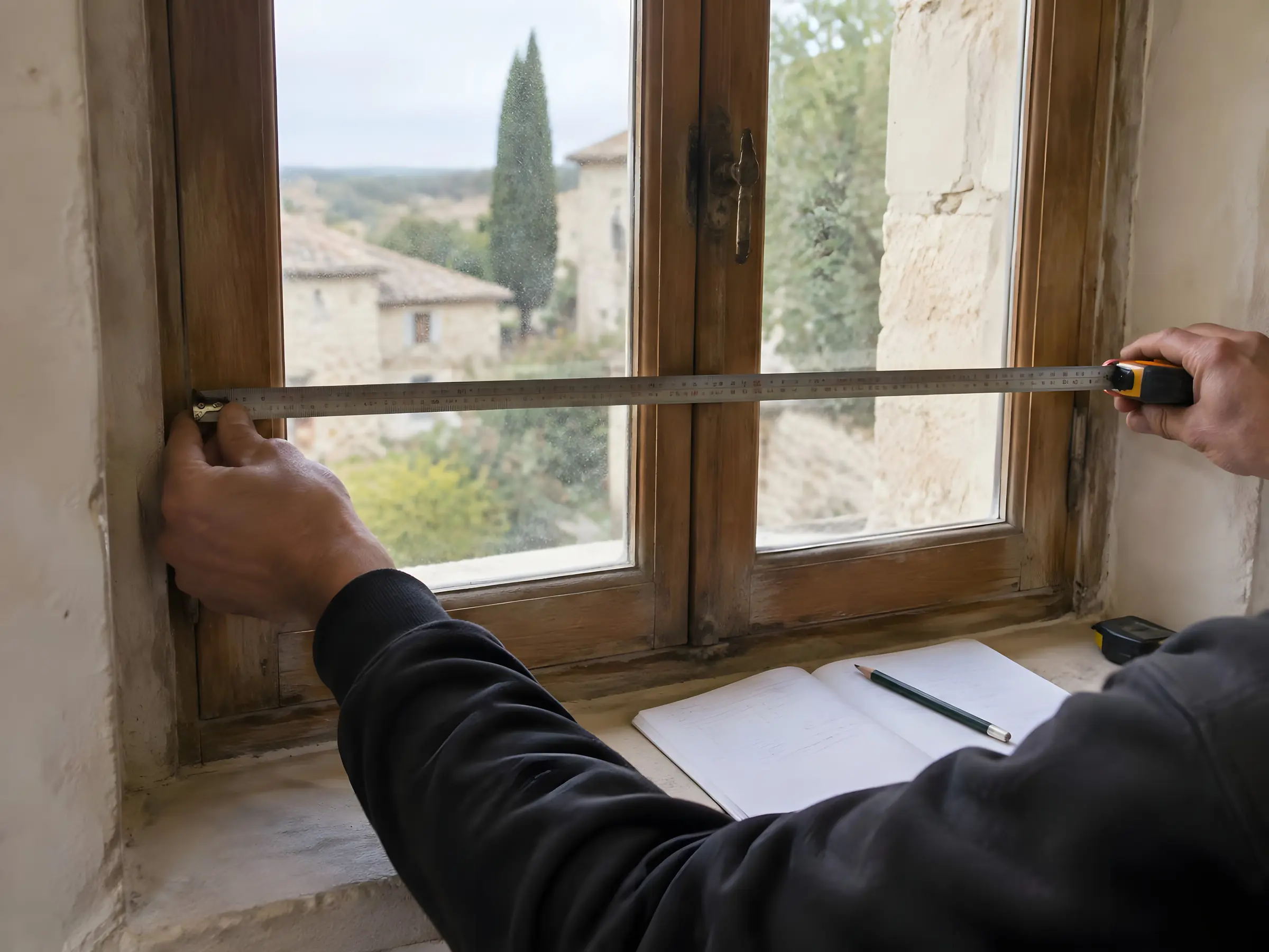 Prise de mesures au mètre ruban sur une ancienne fenêtre en bois